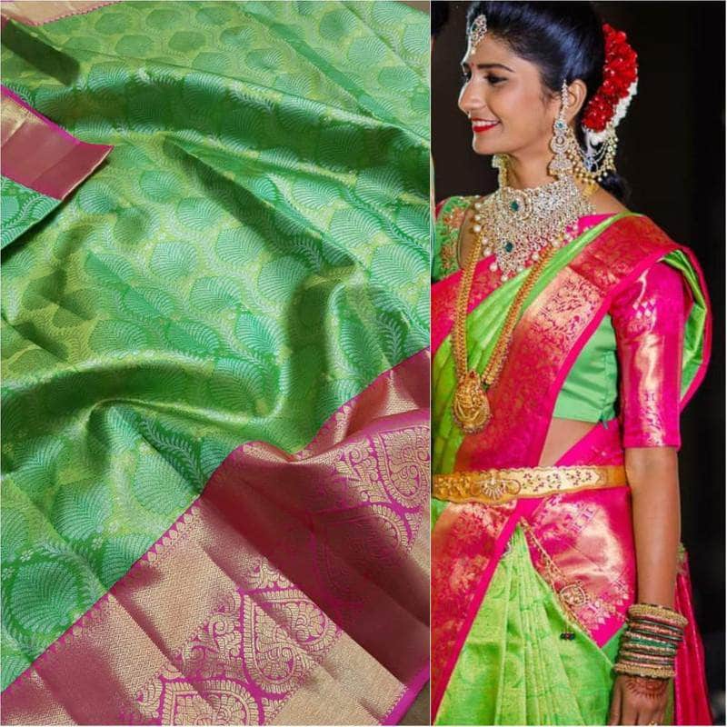 Beautiful Kanjivaram Authentic Silk Saree in LightGreen - Saree - FashionVibes
