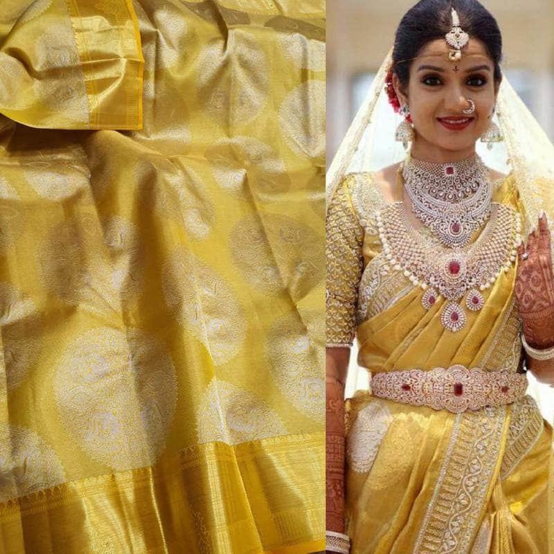 Beautiful Kanjivaram Authentic Silk Saree in Yellow - Saree - FashionVibes