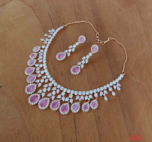 Pink American Diamond Necklace set with Earrings - Wedding Gift - Avra Pink  Necklace Set by Blingvine
