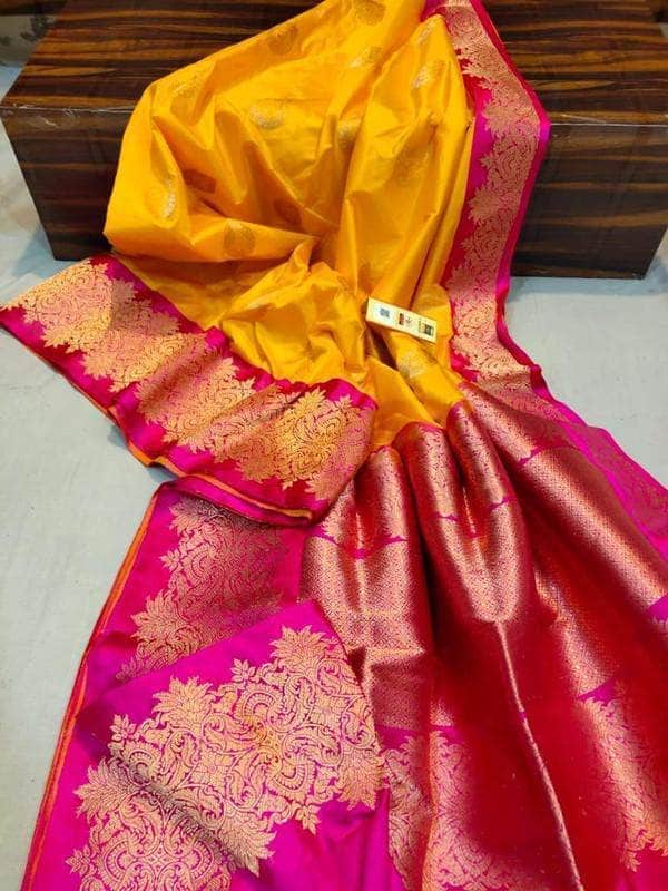 Katan Silk Saree in Yellow - Saree - FashionVibes