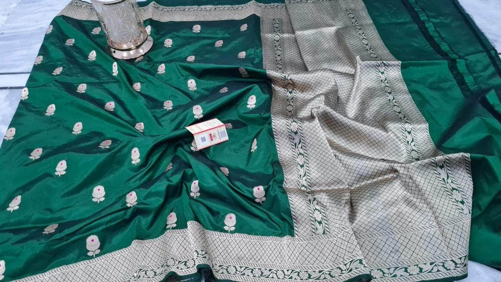 Pure Banarasi Handloom Khaddi Katan Silk Saree in Green - Saree - FashionVibes