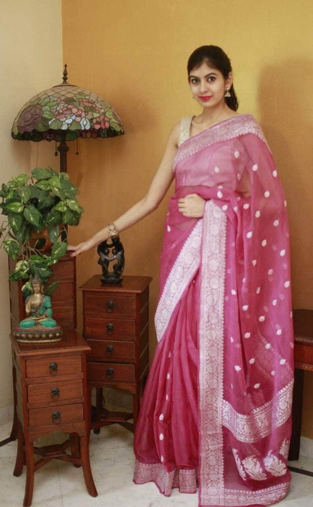 Pure chiffon  Handloom Banarasi Chiffon Khaddi Kariyal Saree in PinkRed - Saree - FashionVibes