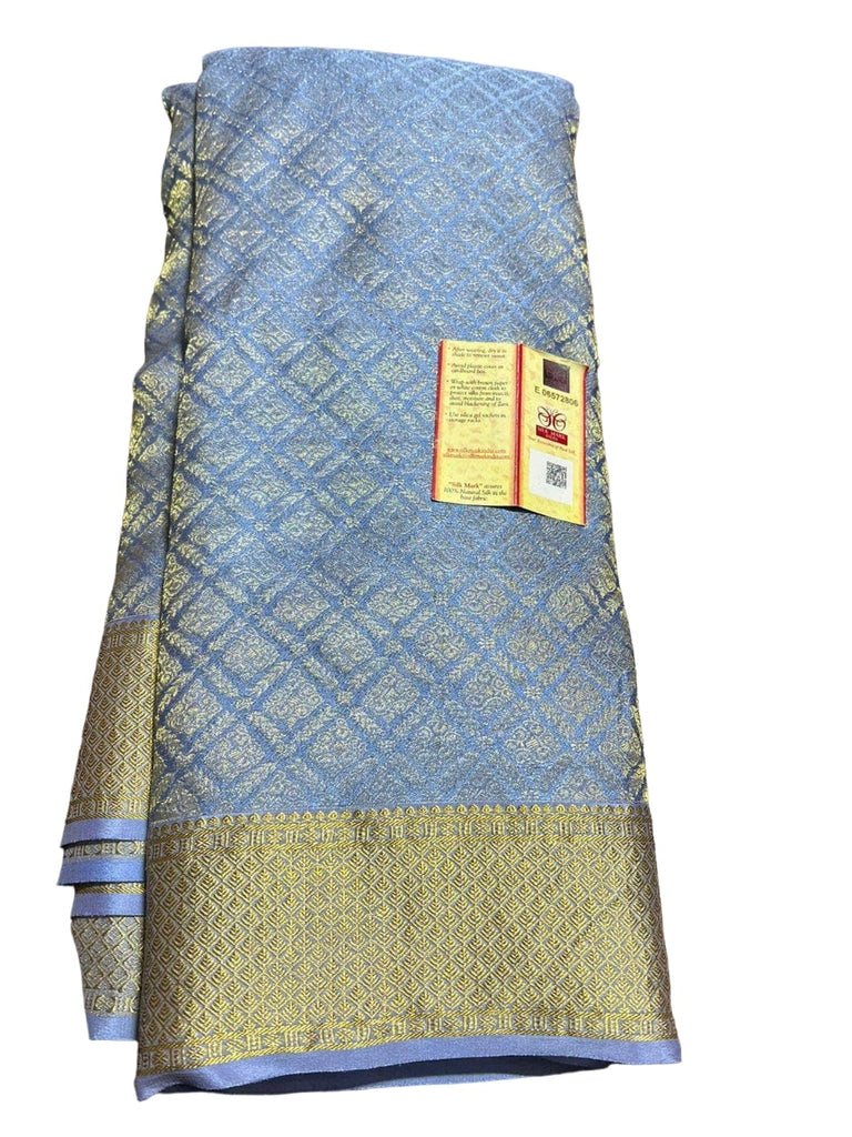 Brocade pattern 100gm Thickness Mysoree Silk Saree in Steel Blue