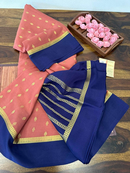 100gm Thickness Pure Mysoore Silk Saree in PinkBlue - Saree - FashionVibes
