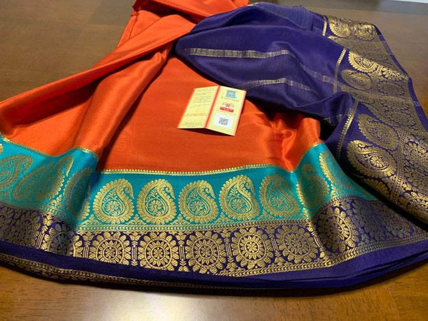100Grm Thickness Double Contrast Pure South Silk Saree in Orange - Saree - FashionVibes