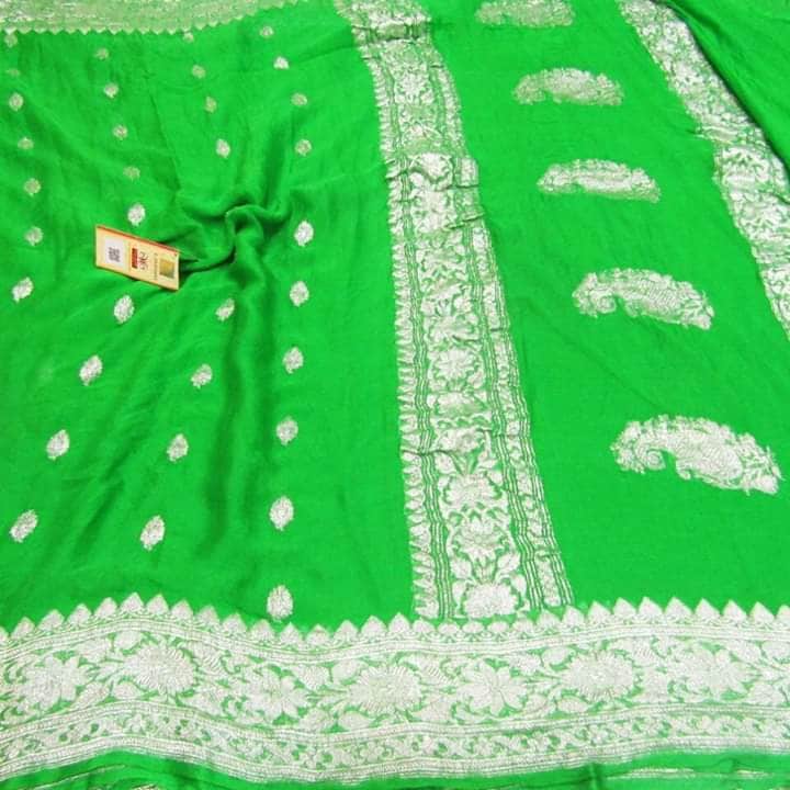 Banarasi Chiffon Saree in Green - Saree - FashionVibes