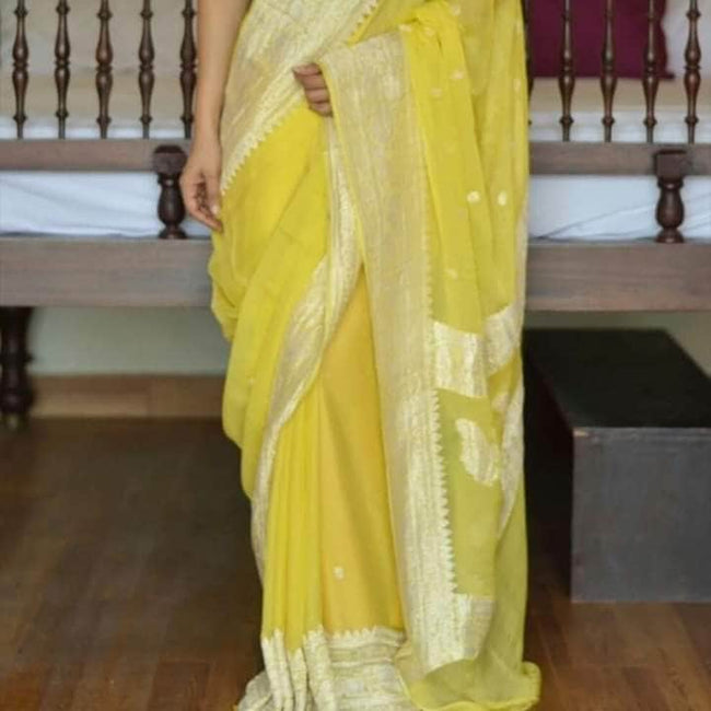 Banarasi Chiffon Saree in Yellow - Saree - FashionVibes