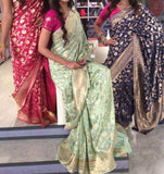 Banarasi Georgette Zari Work Floral Saree in LightGreen - Saree - FashionVibes