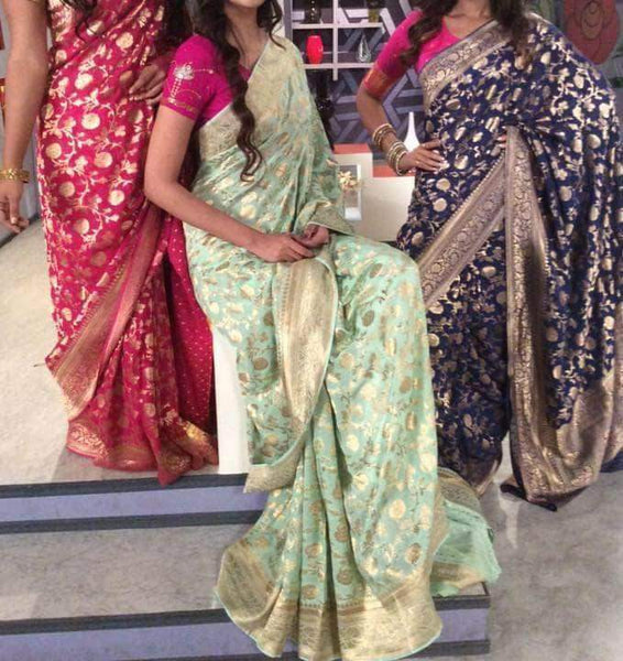 Banarasi Georgette Zari Work Floral Saree in Red - Saree - FashionVibes