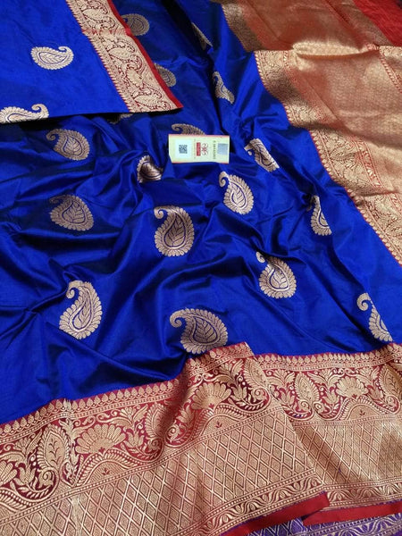 Banarasi Handloom Pure Katan Silk Saree in Blue - Saree - FashionVibes