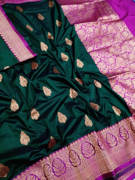 Banarasi Handloom Pure Katan Silk Saree in DarkGreen - Saree - FashionVibes