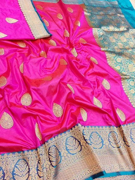 Banarasi Handloom Pure Katan Silk Saree in DeepPink - Saree - FashionVibes