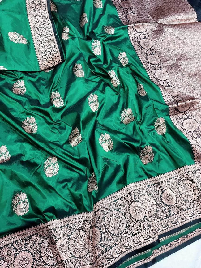 Banarasi Handloom Pure Katan Silk Saree in MediumSeaGreen - Saree - FashionVibes