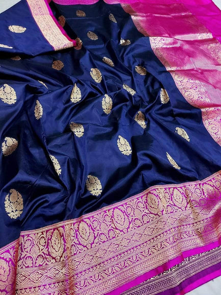 Banarasi Handloom Pure Katan Silk Saree in Navy - Saree - FashionVibes