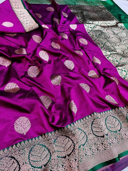 Banarasi Handloom Pure Katan Silk Saree in Purple - Saree - FashionVibes