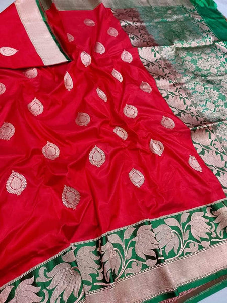 Banarasi Handloom Pure Katan Silk Saree in Red and Green - Saree - FashionVibes