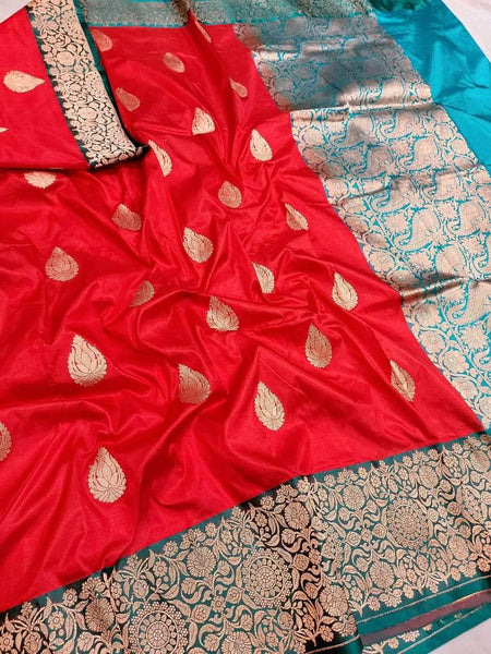 Banarasi Handloom Pure Katan Silk Saree in Red - Saree - FashionVibes