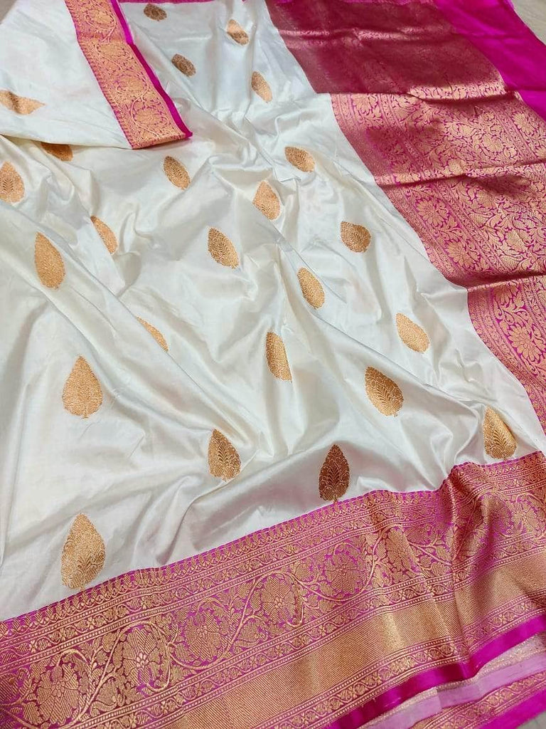 Banarasi Handloom Pure Katan Silk Saree in White - Saree - FashionVibes