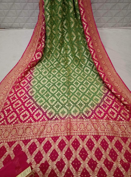 Banarasi Handloom Pure Khaddi Chiffon Georgette Silk Saree in Green and Red - Saree - FashionVibes