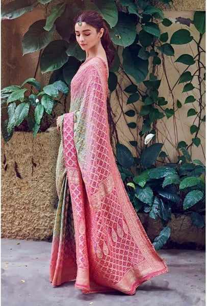 Banarasi Handloom Pure Khaddi Chiffon Georgette Silk Saree in Pink - Saree - FashionVibes