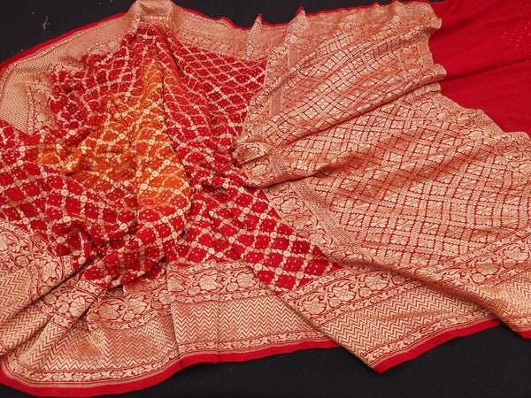 Banarasi Handloom Pure Khaddi Chiffon Georgette Silk Saree in Red - Saree - FashionVibes