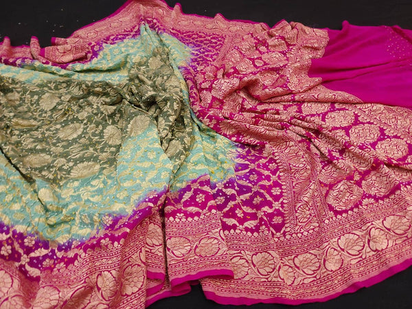 Banarasi Handloom Pure Khaddi Chiffon Georgette Silk Saree in Sea green pink - Saree - FashionVibes