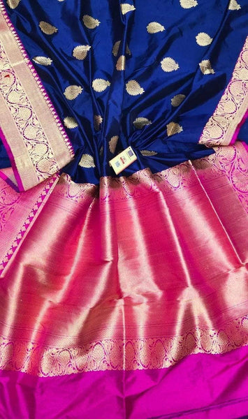 Banarasi Handloom Pure Khaddi Katan Silk Saree in Blue - Saree - FashionVibes