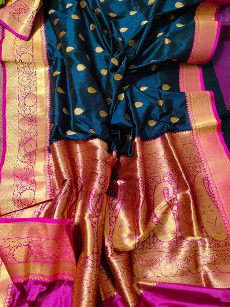 Banarasi Handloom Pure Khaddi Katan Silk Saree in DarkBlue - Saree - FashionVibes