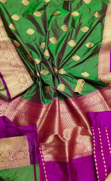 Banarasi Handloom Pure Khaddi Katan Silk Saree in Green - Saree - FashionVibes
