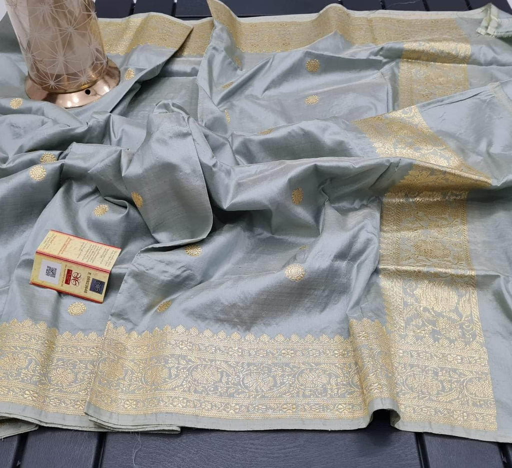 Banarasi Handloom Pure Khaddi Katan Silk Saree in grey - Saree - FashionVibes