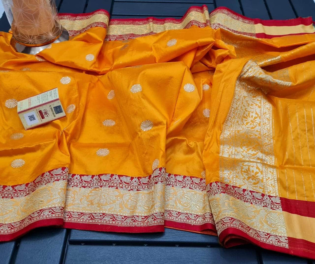 Banarasi Handloom Pure Khaddi Katan Silk Saree in Mustard yellow - Saree - FashionVibes
