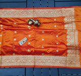 Banarasi Handloom Pure Khaddi Katan Silk Saree in Orange - Saree - FashionVibes