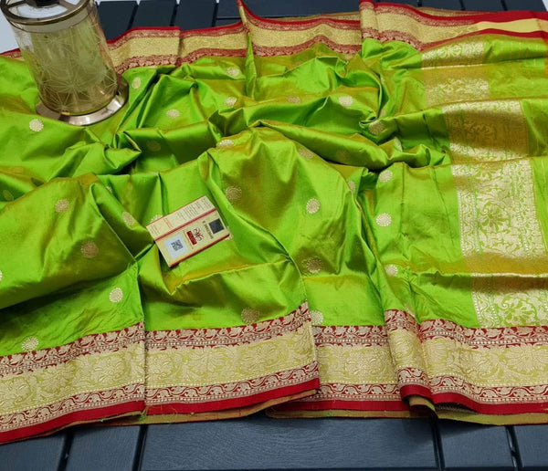 Banarasi Handloom Pure Khaddi Katan Silk Saree in SpringGreen - Saree - FashionVibes