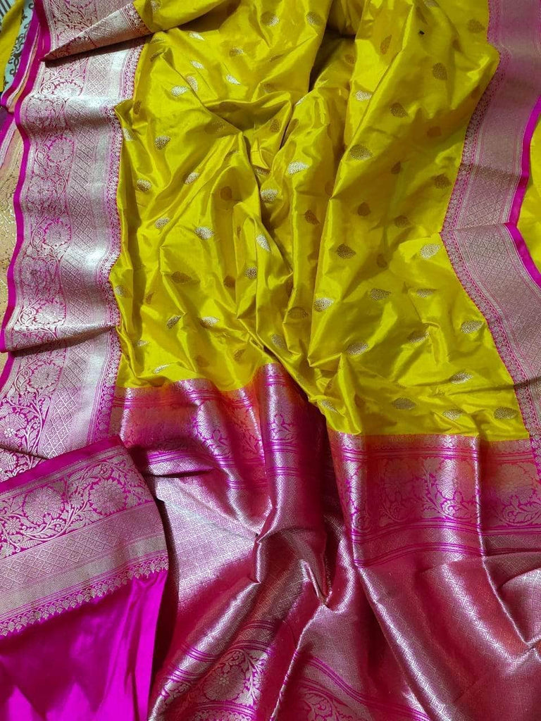 Banarasi Handloom Pure Khaddi Katan Silk Saree in Yellow and Pink - Saree - FashionVibes