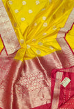 Banarasi Handloom Pure Khaddi Katan Silk Saree in Yellow and Red - Saree - FashionVibes