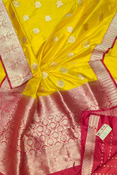 Banarasi Handloom Pure Khaddi Katan Silk Saree in Yellow and Red - Saree - FashionVibes