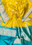 Banarasi Handloom Pure Khaddi Katan Silk Saree in Yellow - Saree - FashionVibes