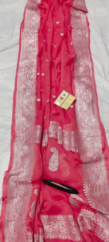 Banarasi Khaddi Chiffon Georgette Silk Saree in Hot Red - Saree - FashionVibes