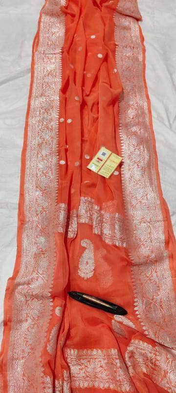 Banarasi Khaddi Chiffon Georgette Silk Saree in OrangeRed - Saree - FashionVibes