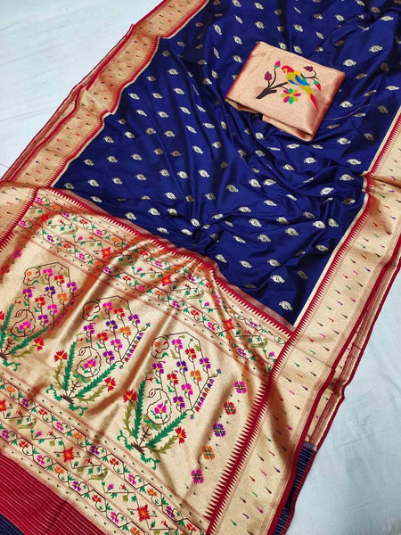 Banarasi Paithani Pure Silk Saree in Dark Blue - Saree - FashionVibes