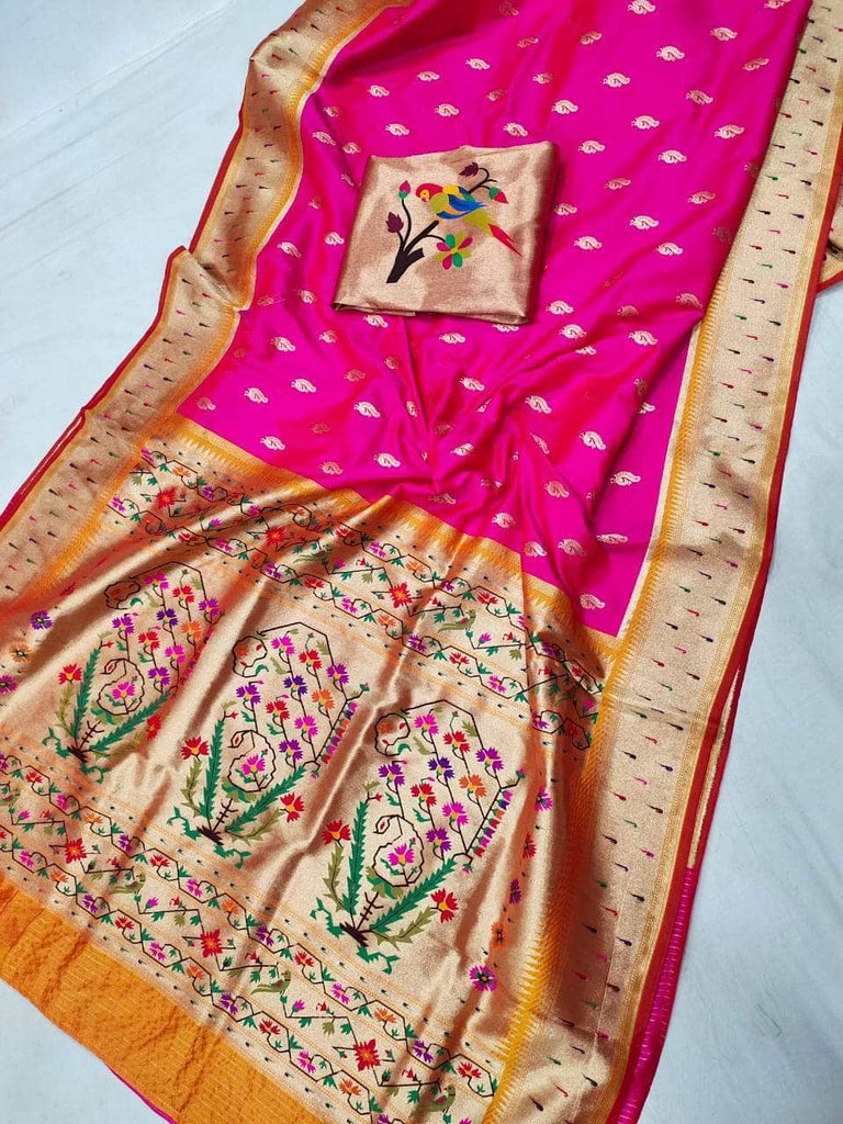 Banarasi Paithani Pure Silk Saree in Magenta - Saree - FashionVibes