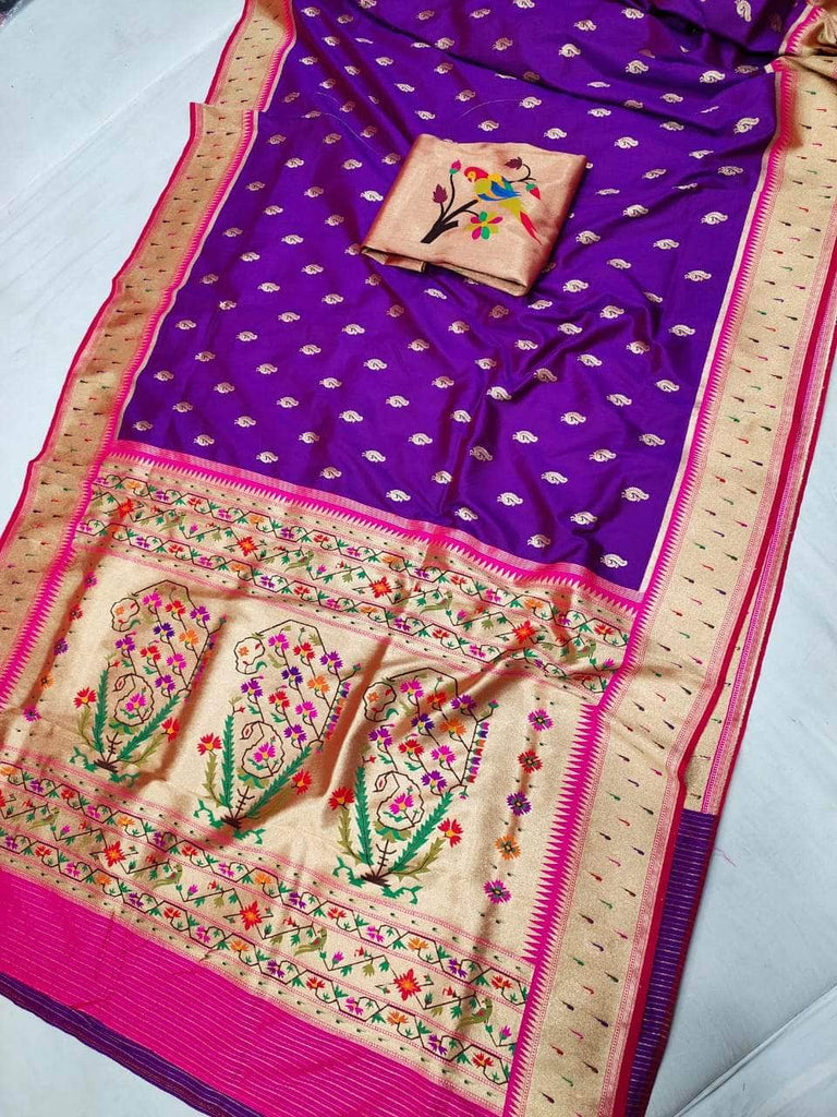 Banarasi Paithani Pure Silk Saree in Purple - Saree - FashionVibes