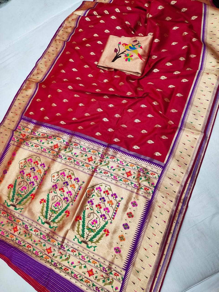 Banarasi Paithani Pure Silk Saree in Red - - FashionVibes