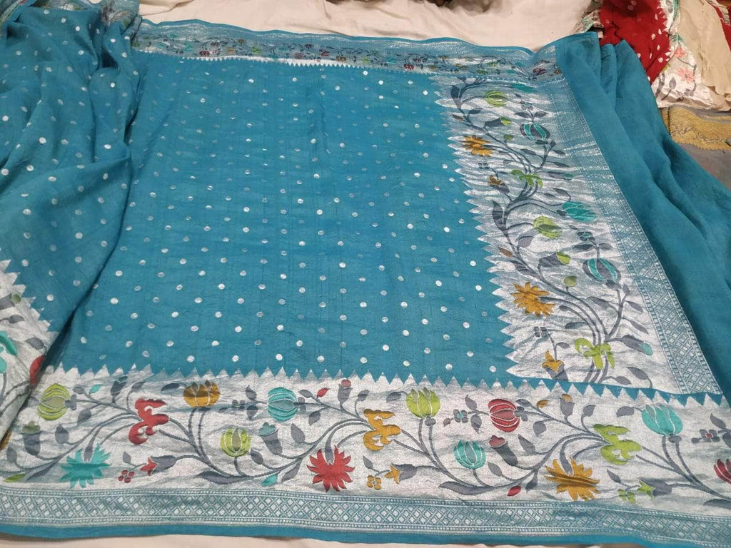 Banarasi Silk Saree with meenakari  border and Zari booti in Blue - Saree - FashionVibes
