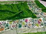 Banarasi Silk Saree with meenakari  border and Zari booti in Green - Saree - FashionVibes