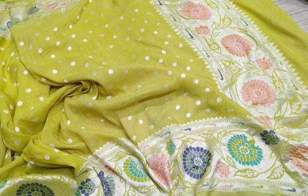 Banarasi Silk Saree with meenakari  border and Zari booti in Light Green - Saree - FashionVibes