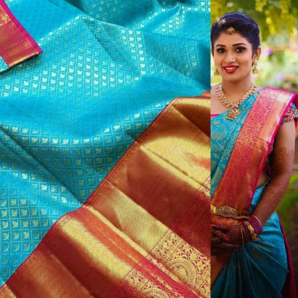Beautiful Kanjivaram Authentic Silk Saree in Blue and Magenta - Saree - FashionVibes