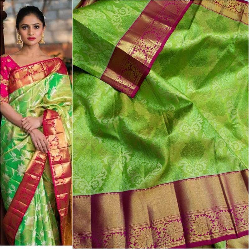Beautiful Kanjivaram Authentic Silk Saree in Green - Saree - FashionVibes