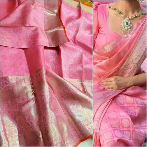 Beautiful Kanjivaram Authentic Silk Saree in Pink - Saree - FashionVibes