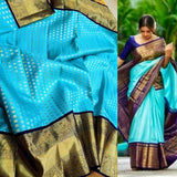 Beautiful Kanjivaram Authentic Silk Saree in SkyBlue - Saree - FashionVibes